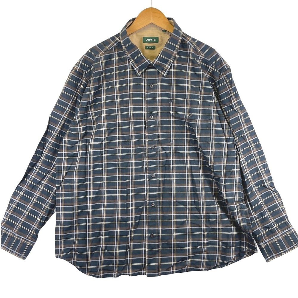 Orvis Classic Fit Plaid Button Down Shirt Mens XXL Blue Brown Flannel NWT